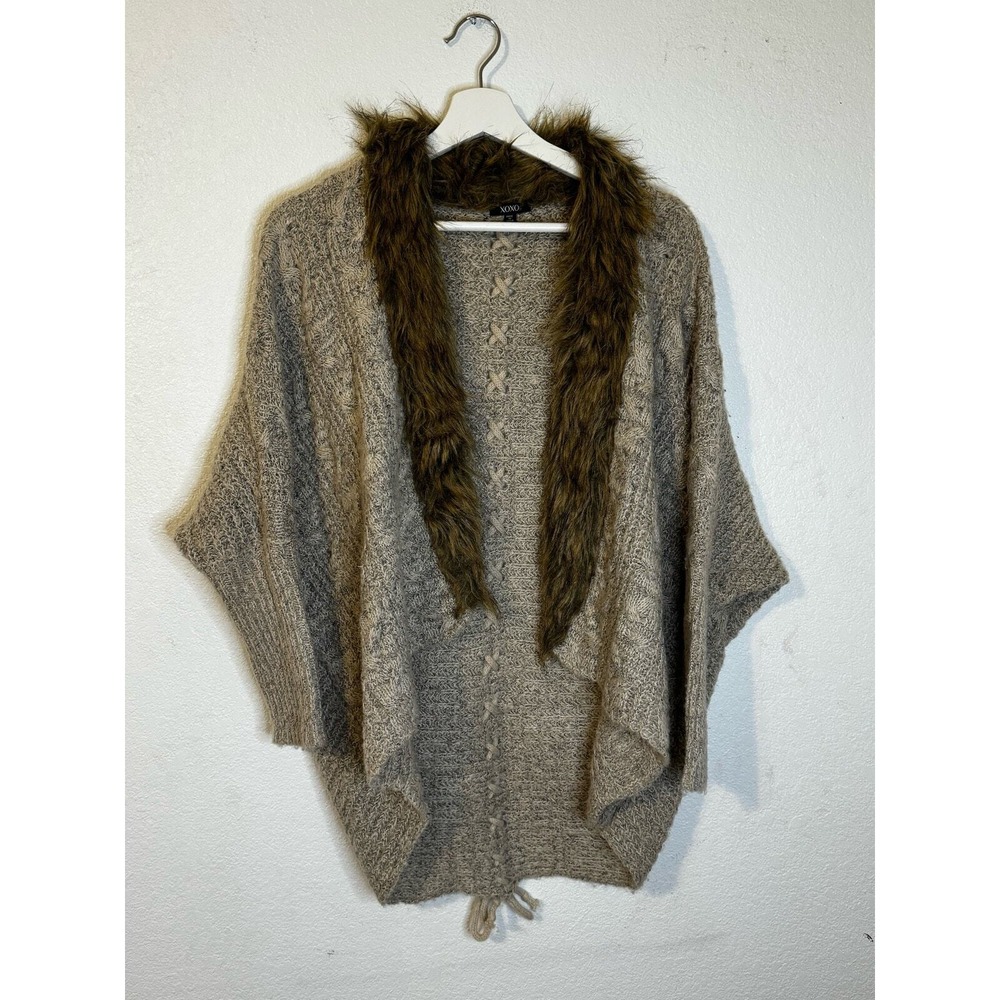 XOXO Womens‎ Cable Knit Faux Fur Trim Poncho Shawl Cardigan Sweater M - Picture 5 of 11